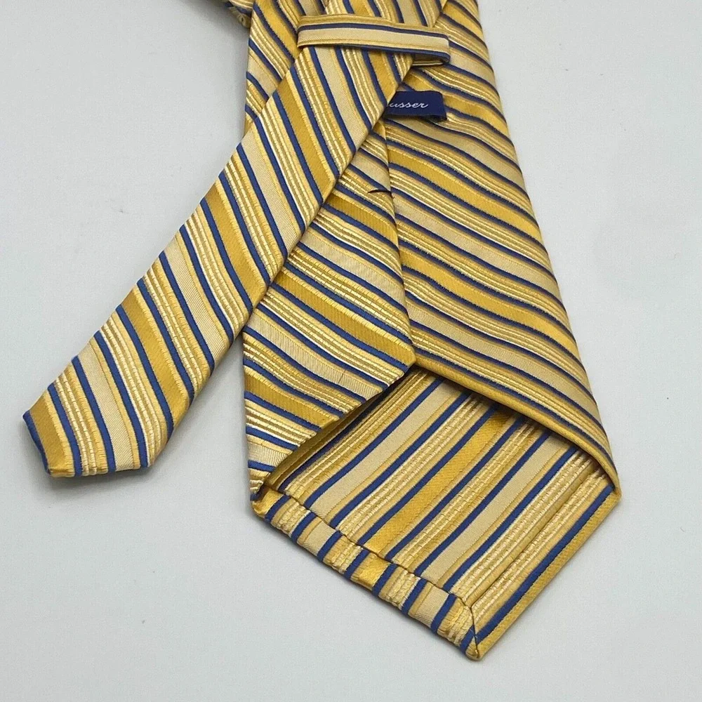 Alan Flusser‎ Yellow Gold Navy Striped Tie 100% Silk Long 61 in x 4 in